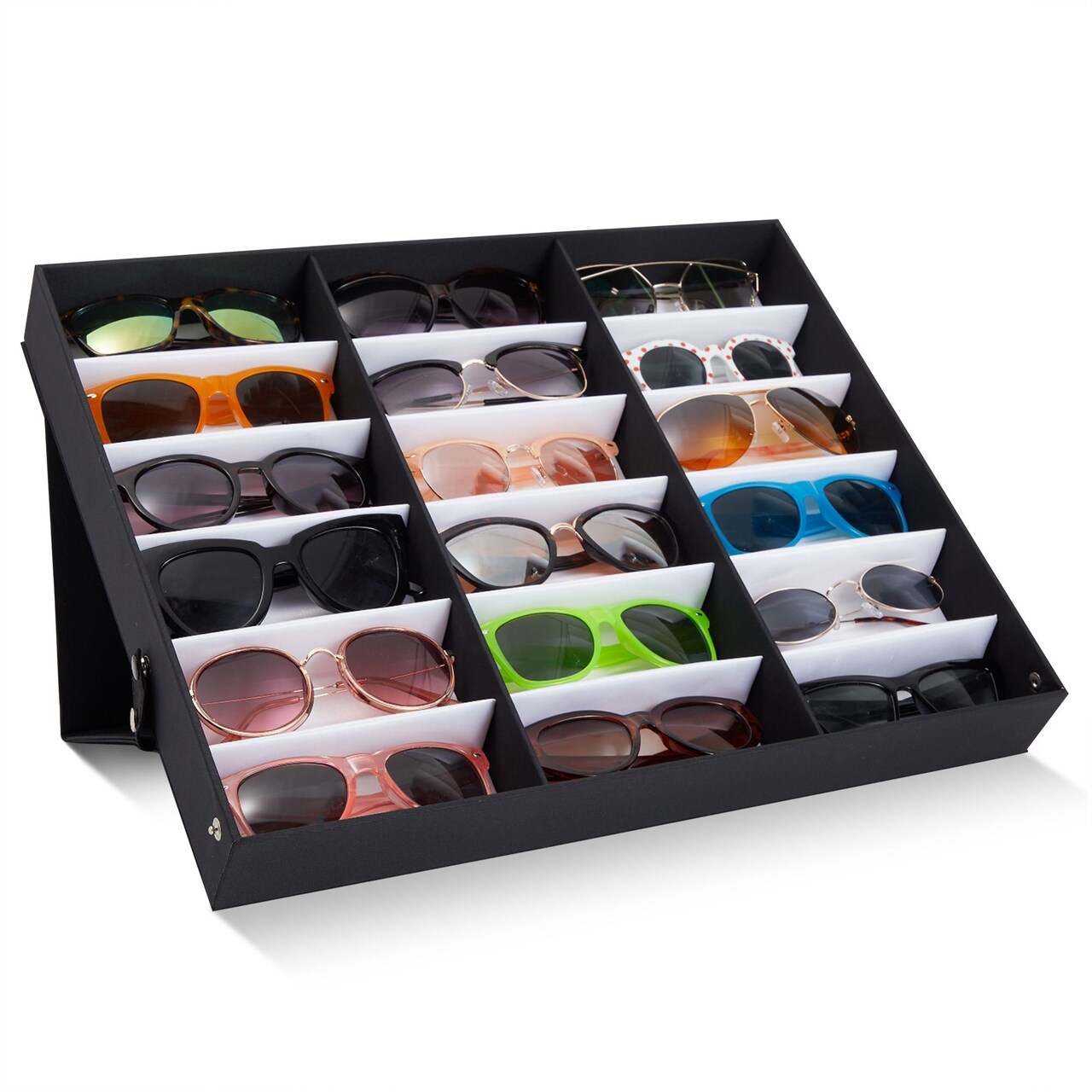 Juvale 18-Slot Sunglass Organizer & Sunglasses Case - Black 18.7 x 14.9 x 2.4 in - Eyeglass Holder & Glass Display Box for Desk & Vanity - Travel Storage Organizer & Watch Storage Box